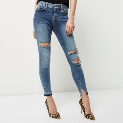 Mid blue ripped Amelie super skinny jeans